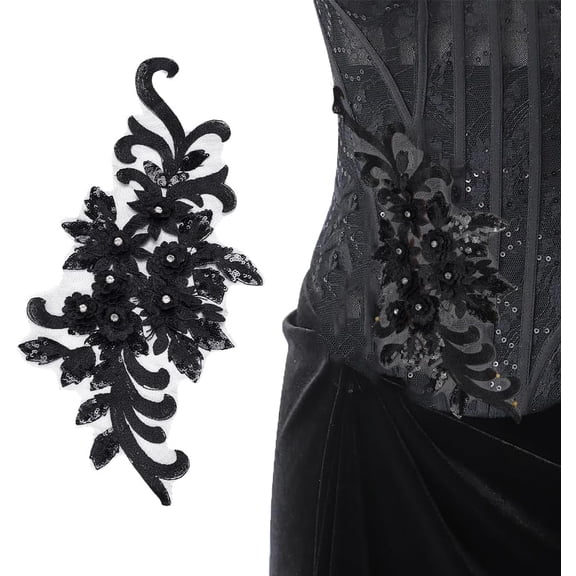 1 Set 3D Flower Lace Applique Patches Floral Lace Patch with Rhinestone and Sequin Floral Embroidered Applique Sewing on Patches for DIY Wedding Dressing Decoration Black 14.56x7.08x0.19inch