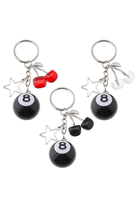 1 Set 3Pcs 3 Colors Alloy Keychain with Eight Ball Resin Beads Mixed Color 80mm 1pc/color
