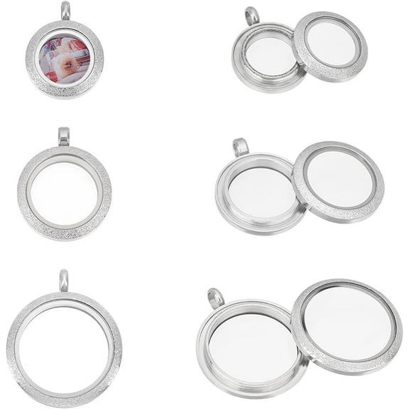 1 Set 3Pcs 3 Styles Stainless Steel Glass Photo Living Memory Floating Locket Pendants with Glass Cabochons Flat Round Stainless Steel Color 25.5~37x20~30x8~8.5mm