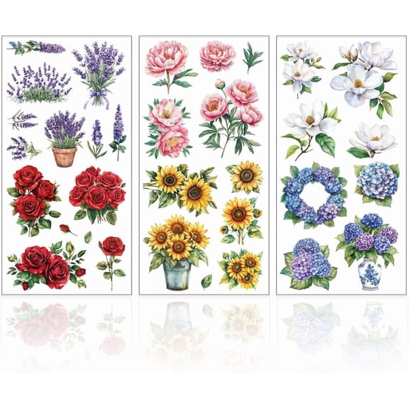 1 Set 3Pcs Flower Pots and Bouquets Furniture Transfer 6x12inch Daffodils and Butterflies Rub on Transfer Self-Adhesive Wall Art Decals for Bedroom Living Room Desk Table Decoration