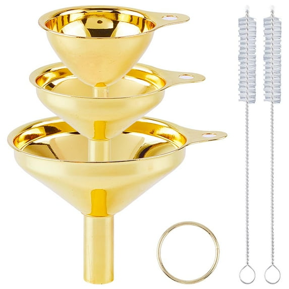 1 Set 3Pcs Small Metal Funnel Set 2.5x3in 1.9x2.2in 1.5x1.8in Golden Metal Stainless Steel Kitchen Cooking Food Grade Funnels with Cleaning Brushes for Essential Oil Spices Liquid Filling Bottles