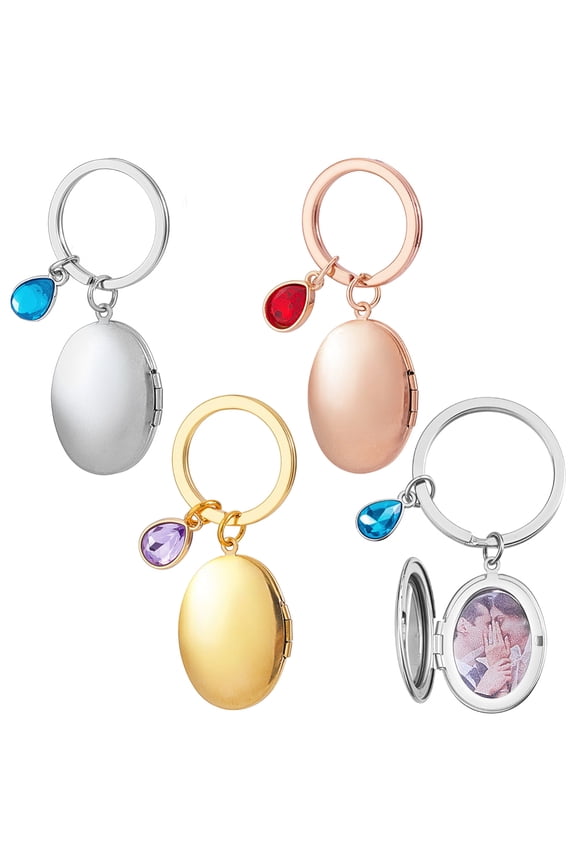 1 Set 3Pcs Stainless Steel Locket Pendants with Alloy Rhinestone Oval Keychains with Alloy Rings Mixed Color 67mm