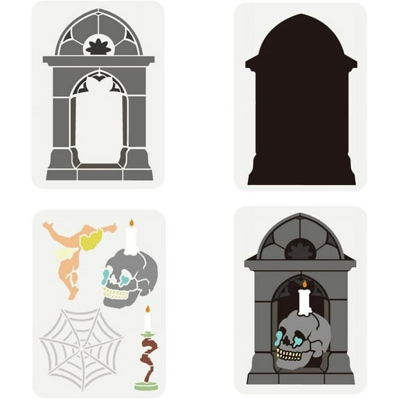 1 Set 3Pcs Tiered Arches Painting Stencil 8.3x11.7" 3Style PET Spider Webs Angel Sculptures Skulls Wall Spraying Stencils Reusable Gothic Arch Candelabra Drawing Stencil Hollow Out Template