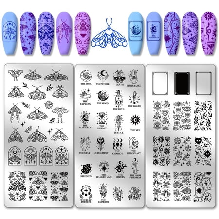 1 Set 3pcs Tarot Nail Art Stamping Plate 63 Pattern Fantasy Moth Nail Stamper Fantasy Elements Nail Stamping Plate Print Nail Stencils Stainless Steel Nail Image Plates for Nail Art Design
