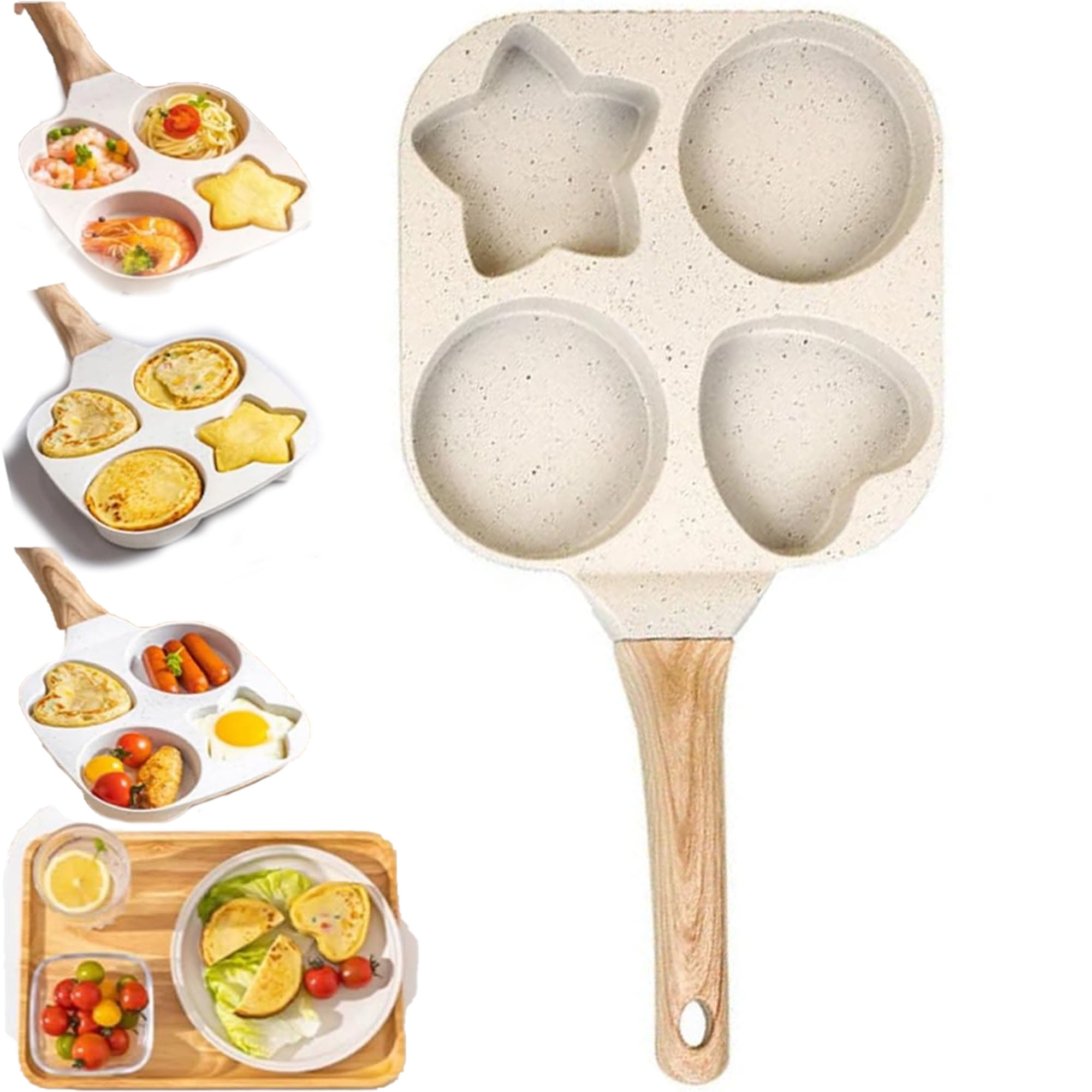 1 Set 4 Hole Skillet with Handle, Mini Pancake Maker for Breakfast, Non Stick Egg Frying Pans 4 Holes Shapes Mold, Multi-Purpose Flat Pan for Indoor Cooking, Griddle Top for Egg Mcmuffin(Beige)