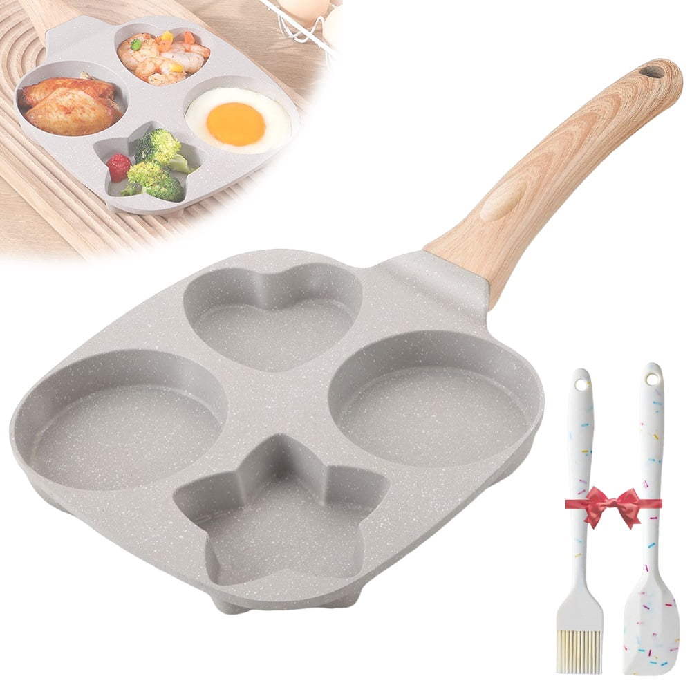 1 Set 4 Hole Skillet with Handle, Non Stick Egg Frying Pans 4 Holes Shapes, Nonstick Shape Pancake Pan, Breakfast Cooking Omelette Cookware for Pancakes Sausage Burger Omelet, Easy to Clean