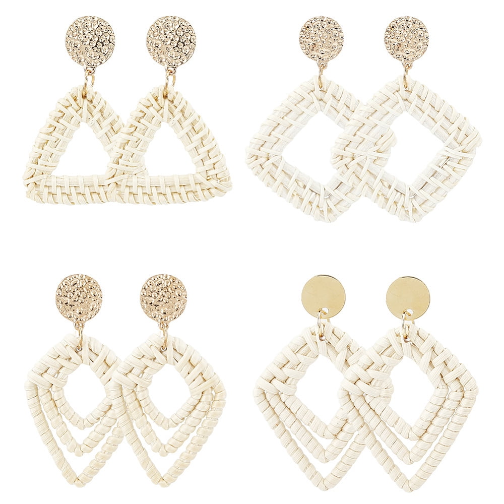1 Set 4 Pairs 4 Styles Rattan Dangle Stud Earrings Golden Mixed Shapes ...
