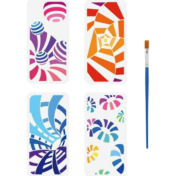 1 Set 4 Pcs 3-D Illusion Drawing Stencil with A Paint Brush 11.8x5.9inch Geometric Abstract Painting Template Geometric Figures Decoration Stencil for Painting on Wood Wall Fabric Furniture