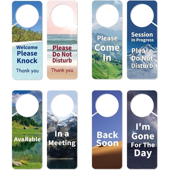 1 Set 4 Pcs 8 Options Do Not Disturb Door Hanger Sign Double Sided Notice Hanger Sign Landscape Style PVC Welcome Please Knock Sign for Home Offices Online Meetings and Classes 9.25x3.54 Inch