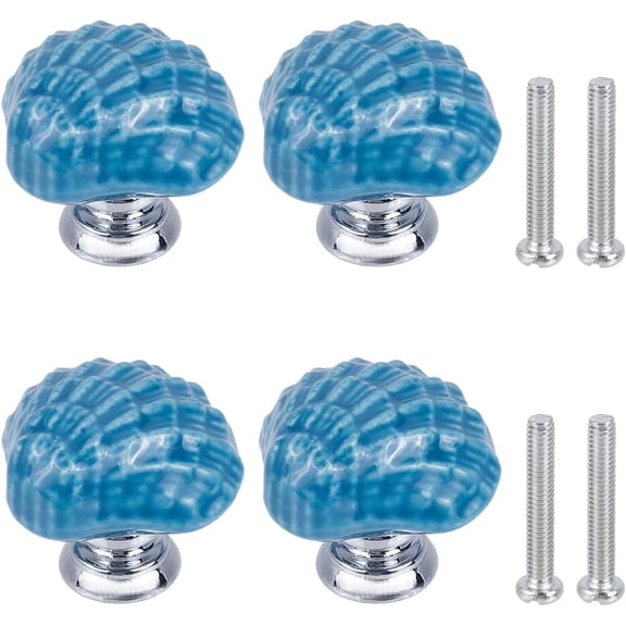 1 Set 4 Sets Shell Ceramic Cabinet Knobs Marine Animals Theme Ocean Cartoon Style Blue Handmade Dresser Knob Drawer Pulls with Zinc Alloy Finding Iron Screw for Cupboard Kitchen Home
