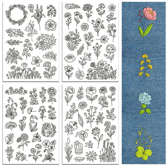 1 Set 4 Sheets 11.6x8.2 Inch Stick and Stitch Embroidery Patterns Non-woven Fabrics Water Soluble Embroidery Flower 297x210mmm DIY