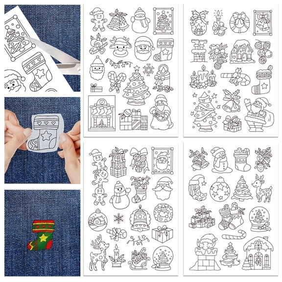 1 Set 4 Sheets 11.6x8.2 Inch Stick and Stitch Embroidery Patterns Non-woven Fabrics Water Soluble Embroidery Stabilizers Christmas Santa Claus