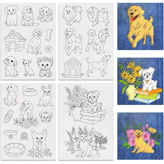 1 Set 4 Sheets 11.6x8.2 Inch Stick and Stitch Embroidery Patterns Non-woven Fabrics Water Soluble Embroidery Stabilizers Dog 297x210mmm