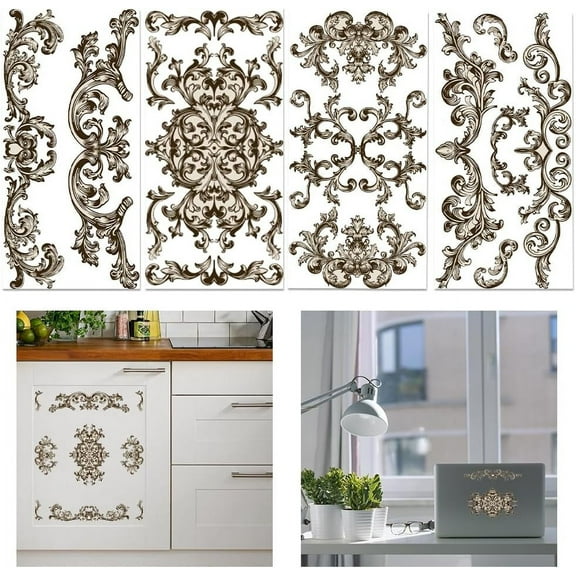 1 Set 4 Sheets Baroque Pattern Furniture Transfer 6x12inch Vintage Baroque Frame Rub on Transfer Self-Adhesive Wall Art Decals for Bedroom Living Room Desk Table Decoration