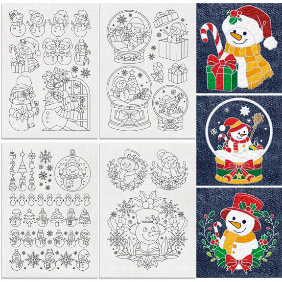 1 Set 4 Sheets Christmas Cloth Stick and Stitch Embroidery Patterns Non-woven Fabrics Water Soluble Embroidery Stabilizers Snowman 297x210mmm