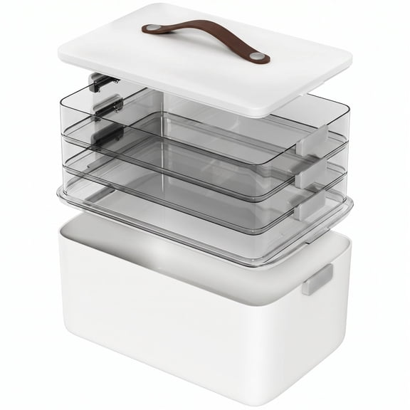 1 Set 4-Tier Stackable Storage Organizer Box with Lid and Leather Handle, Modular Bins for Home Office Craft Supplies, Light Gray