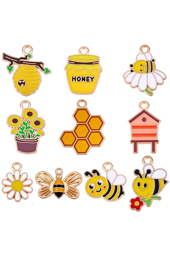 1 Set 40Pcs 10 Styles Bees Theme Alloy Enamel Pendants Golden Mixed Shapes Charms Mixed Color 11~20x12~18x1~2mm Hole: 1.2~1.8mm 4pcs/style