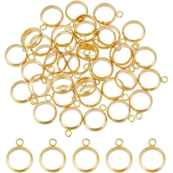 1 Set 40Pcs 201 Stainless Steel Tube Bails Loop Bails Ring Real 18K Gold Plated 13x10x3mm Hole: 1.8mm Inner Diameter: 8mm