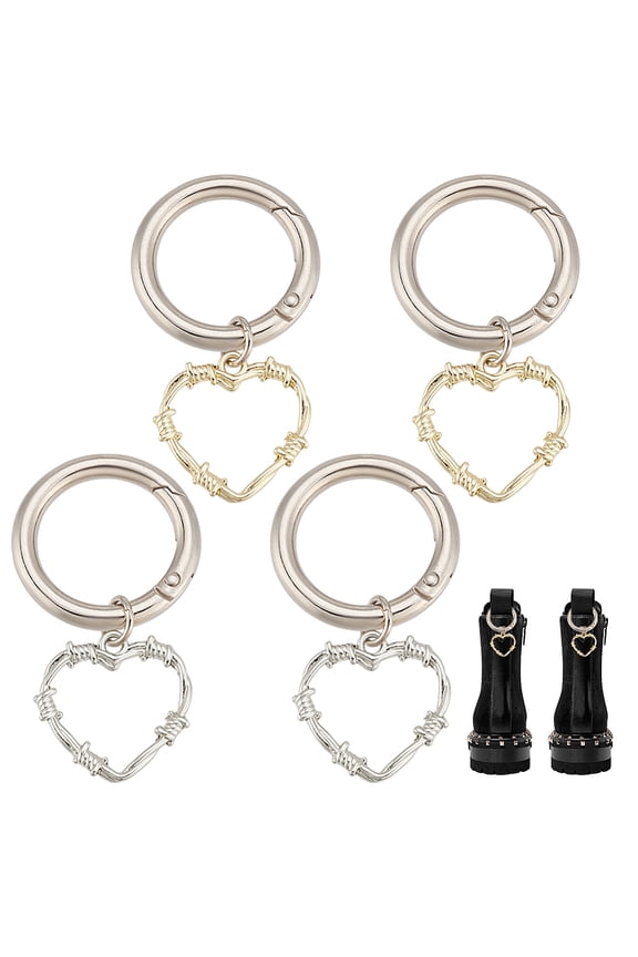 1 Set 4Pcs 2 Colors Heart Alloy Shoe Charms with Spring Gate Rings Mixed Color 55mm 2pcs/color