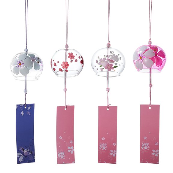 1 Set 4Pcs 4 Styles Glass Round Sakura Japanese Wind Chime Paper Rectangle Tassel for Outdoor Garden Hanging Ornaments Mixed Color 400~420mm
