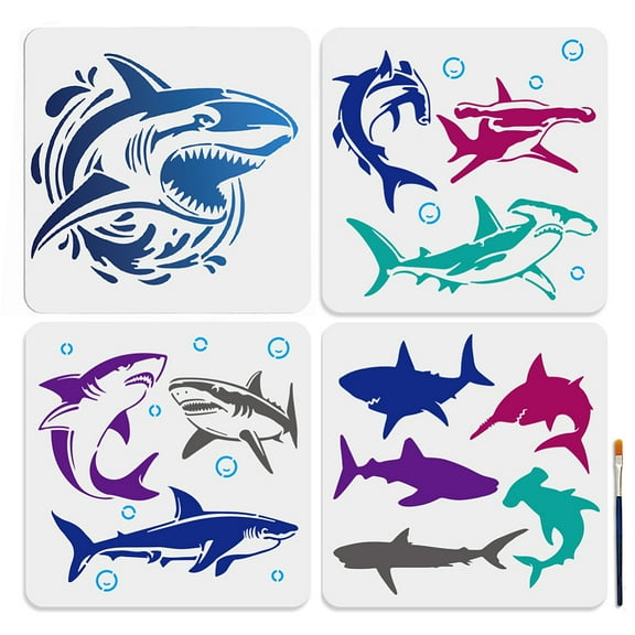 1 Set 4Pcs 4 Styles PET Hollow Out Drawing Painting Stencils for DIY Scrapbook oto Album Shark 300x300mm 1pc/style