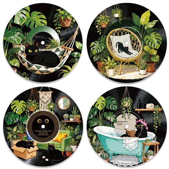 1 Set 4Pcs 4 Styles PVC Record Wall Decor for Bars Restaurants Cafe Pubs Cat Shape 300mm 1pc/style