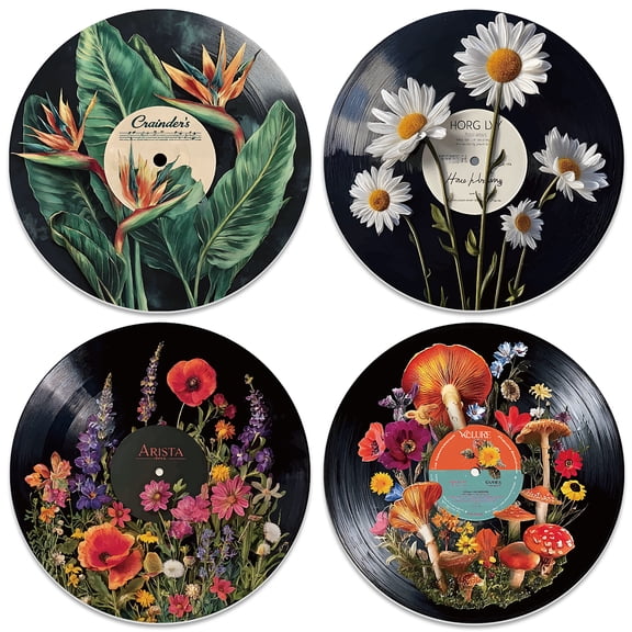 1 Set 4Pcs 4 Styles PVC Record Wall Decor for Bars Restaurants Cafe Pubs Flower 300mm 1pc