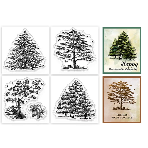 1 Set 4Pcs 4 Styles PVC Stamp for DIY Scrapbooking Pine Tree 55x55mm 1pc/style