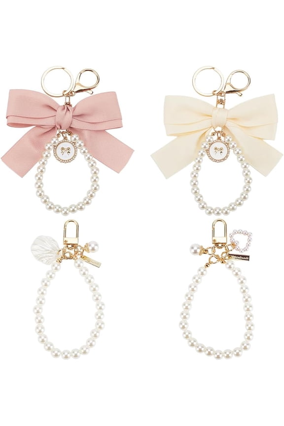 1 Set 4Pcs 4 Styles Pearl Chain Bow Keychains White Faux Pearls Chain Wristlet Key Chains with Gold Swivel Clasp Backpack Key Pendant Charm Accessories for Key Ring Charm Purse Lanyard Strap Gift