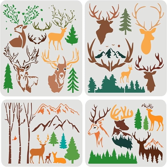 1 Set 4Pcs 4 Styles Plastic Painting Stencils Sets Reusable Drawing Stencils Elk in Forest White Deer Pattern 30x30cm 1pc/style