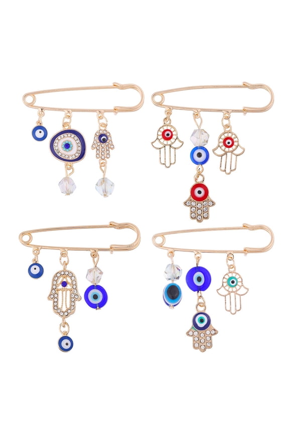 1 Set 4Pcs 4 Styles Resin Evil Eyes Alloy Brooches with Rhinestone Mixed Color 61x50mm