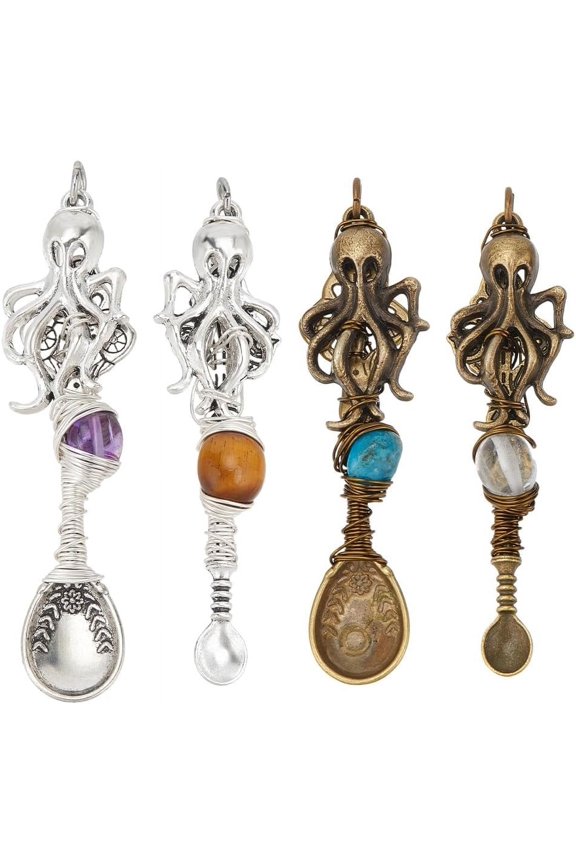 1 Set 4Pcs Alloy Pendants with Copper Wire Wrapped Natural Gemstone Spoon with Octopus with Jump Rings Mixed Color 66~68mm 4pcs/set
