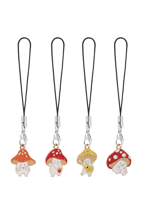 1 Set 4Pcs Cell Phone Strap Charm Mushroom Alloy Enamel Charm Hanging Keychain for Women Phone Decorations Charm with Nylon Cord Mixed Color 9.7cm DIY