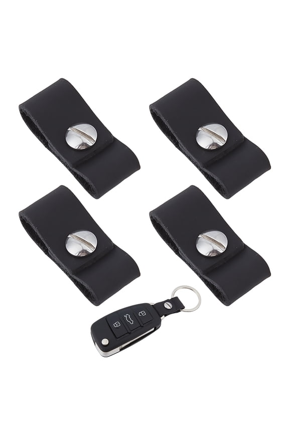 1 Set 4Pcs Cowhide Leather Keychain with Screw Rectangle Platinum Black 83x13.5x2mm