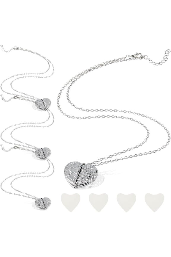 1 Set 4Pcs Heart Photo Locket Necklace Silver Angel Wings Locket Necklace Memory Photo Pendant Necklace Heart Shaped Alloy Pendants Charm Necklaces Memorial Jewelry Gifts for Mom Grandma