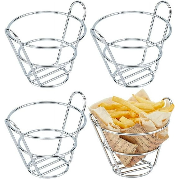 1 Set 4Pcs Hollow Carbon Steel French Fries Cone Basket Display Rack for Food Snack Kitchen Restaurant Buffet Picnic Party Stainless Steel Color 135x105mm