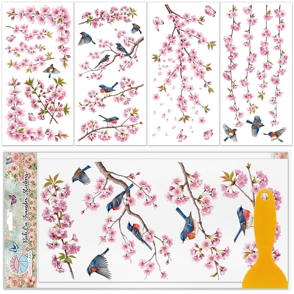 1 Set 4Pcs PVC Waterproof Decorative Stickers Self Adhesive Decals for Furniture Decoration March Cherry Blossom 300x150mm