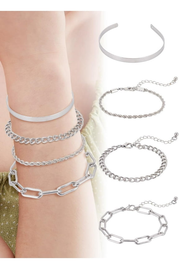 1 Set 4Pcs Silver Stylish Multi-Layered Chain Bracelet Set Cuba Stackable Layered Metal Link Bracelet Set for Men and Women Creative Shiny Gift Parties and Daily Wear