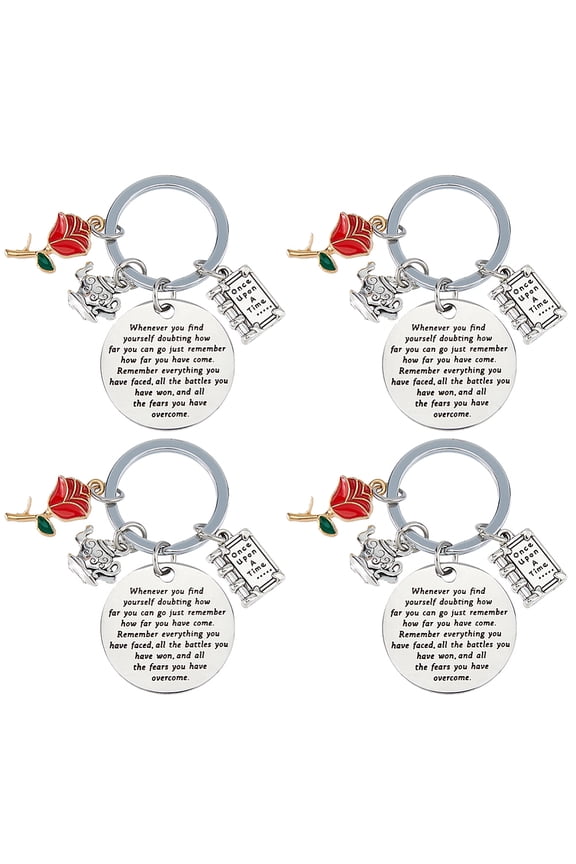 1 Set 4Pcs Stainless Steel Keychain Fairy Princess Series Rose Flower Teapot Book Stainless Steel Color 60mm