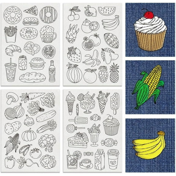 1 Set 4Sheets 64Pcs Water Soluble Embroidery 11.7x8.3inch Food Pattern Transfers Water Soluble Stabilizer for Embroidery Stick and Stitch Embroidery Designs