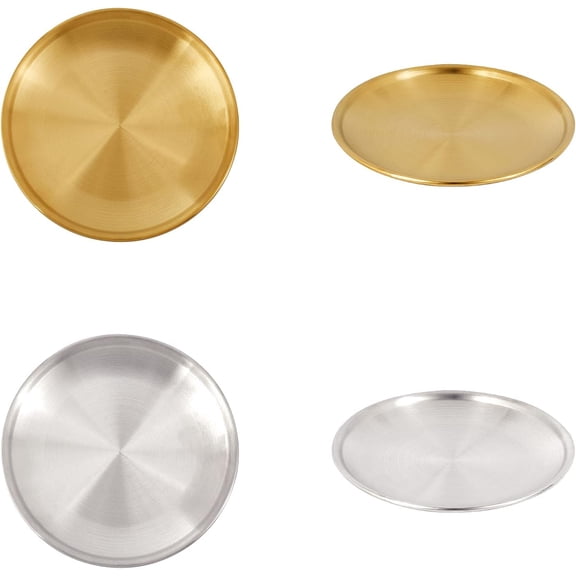 1 Set 4pcs Flat Round Stainless Steel Plates Matte Platinum Golden Color Metal Dinner Plates Feeding Dinner Dishes - Snack Camping Plate