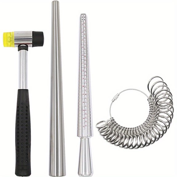 1 Set 4pcs Ring Measurement and Shaping Tool Set, Zinc Alloy Ring Sizer 0-13, Aluminum Multi-Use Ring Mandrel Rubber Mallet, Steel Color