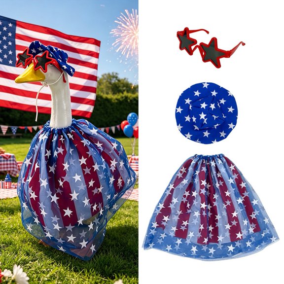 1 Set 4th July Goose Outfit, Stars And Stripes Goose Dress Star Sunhat Sunglasses, Patriotic Porch Goose Costumes Set for 23-Inch Goose Statue Holiday Yard Decor