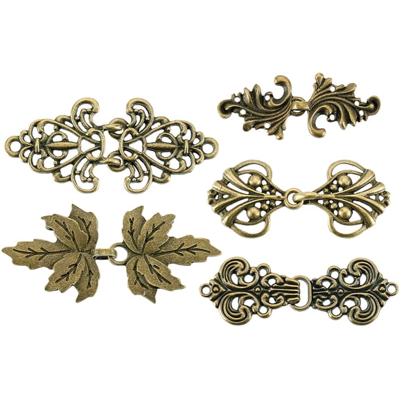 1 Set 5 Bags 5 Styles Zinc Alloy Hook Button Shawls and Capes Buckle for Garment Accessories Bronze 20~31x50~66mm 1bag/style