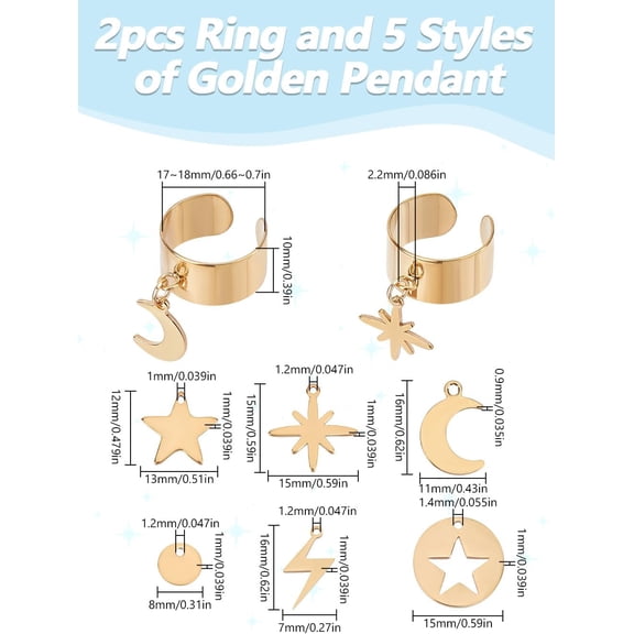 1 Set 5 Style Stainless Steel Ring Open Cuff Ring Set Star Moon Lightning Shaped Ring Adjustable Rings Golden Open Cuff Finger Ring Components for Women Ladies DIY Making Kit