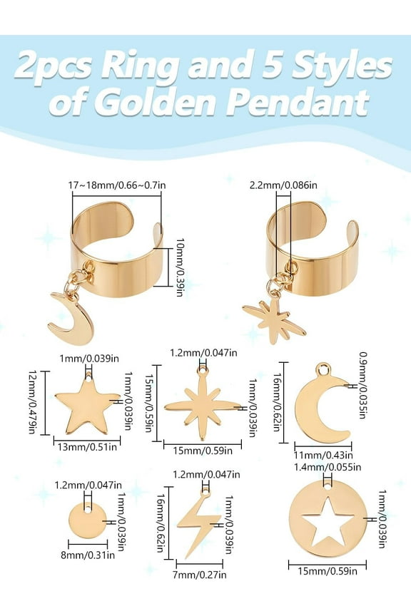 1 Set 5 Style Stainless Steel Ring Open Cuff Ring Set Star Moon Lightning Shaped Ring Adjustable Rings Golden Open Cuff Finger Ring Components for Women Ladies DIY Making Kit