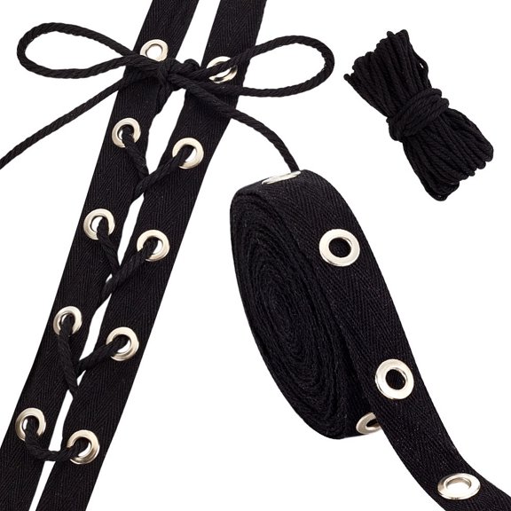 1 Set 5 Yards Cotton Ribbons with Steel Eyelet Rings with 1M Cotton String Threads Black 1/8~3/4 inch(3~20mm) Hole: 6mmDIY