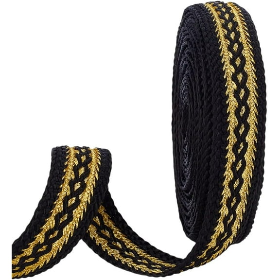 1 Set 5 Yards Ethnic Gimp Braid Trim 3/4Inch Wide Polyester Jacquard Ribbon Trim with Gold Jacquard Boho Embroidered Vintage Woven Ribbon for Cloth DIY Crafts Sewing Jewelry Making Decor Black