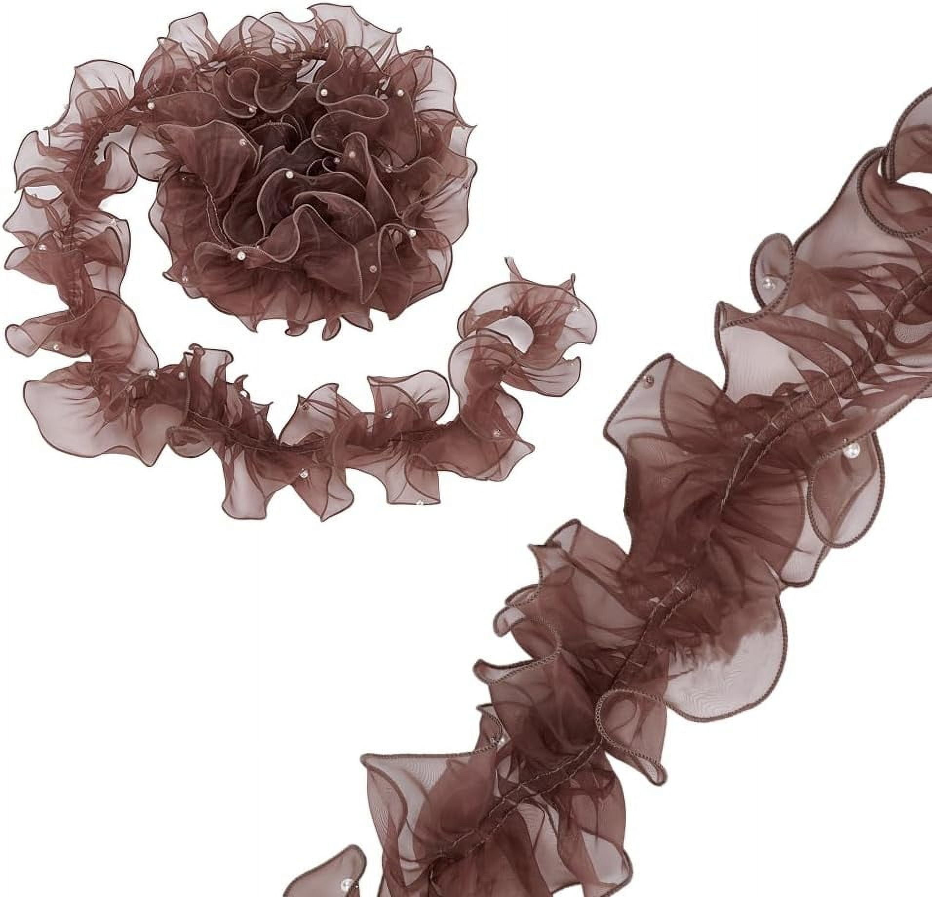 1 Set 5 Yards Organza Lace Ribbon 4.9 inch Wide Ruffled Lace Fabric Pleated Edging Trim Ribbon Ruffled Ribbon with Beads for Sewing Craft Wedding Dress Christmas Tree DIY Decor Coffee Color