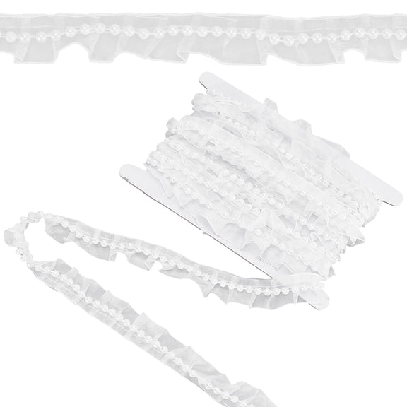 1 Set 5 Yards Polyester Pleated Ribbon Lace Edge Trim Ribbon with Plastic Pearl for Cloth Dress Sewing Accessories White 1 inch(25mm)